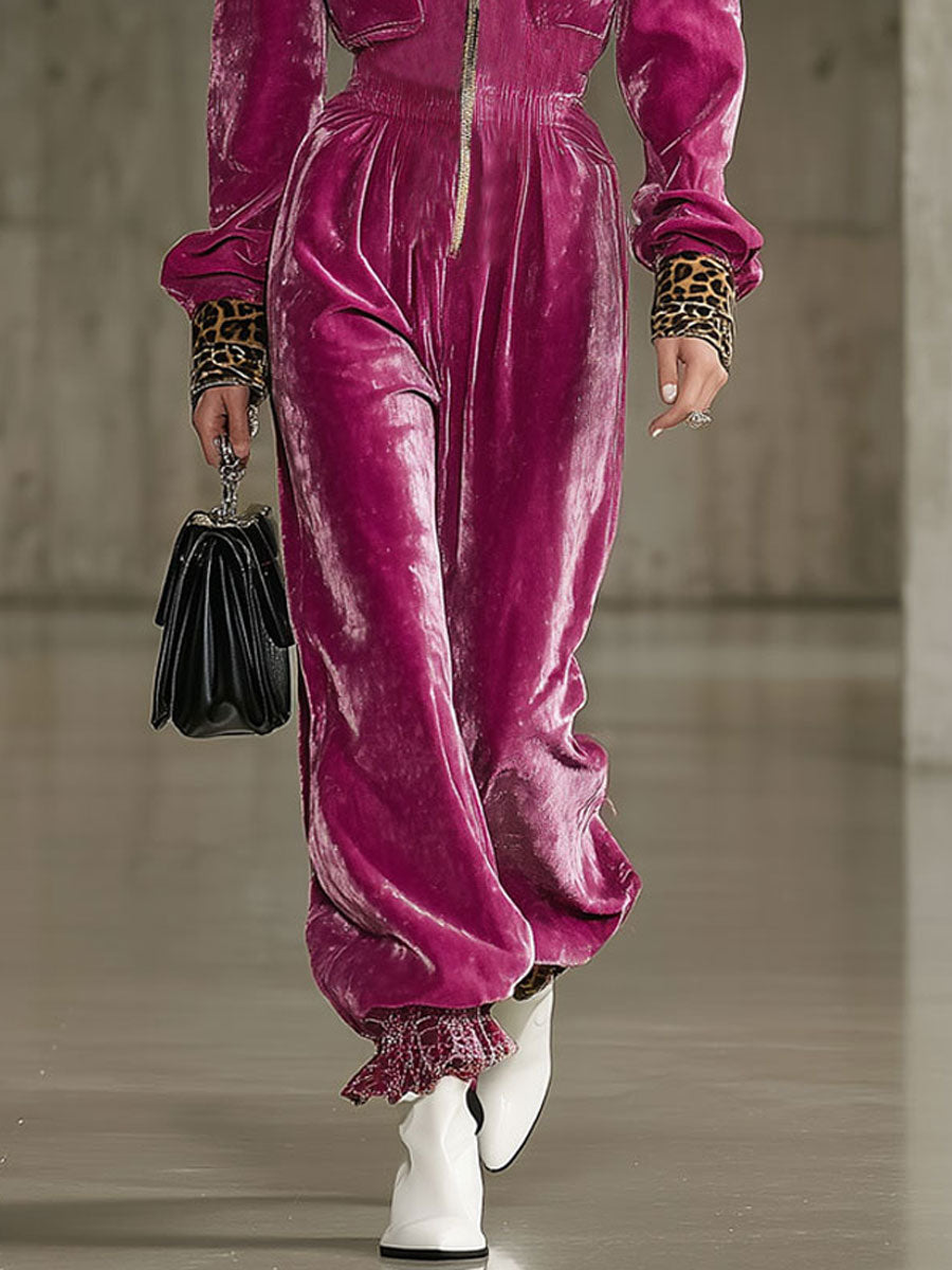 Casual Fashion Retro Leopard Print Rose Red Velvet Jumpsuit