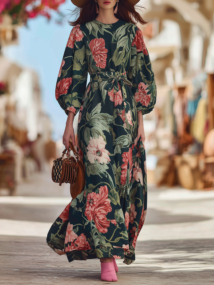 Romantic Vacation-style Floral Print Chiffon Maxi Dress