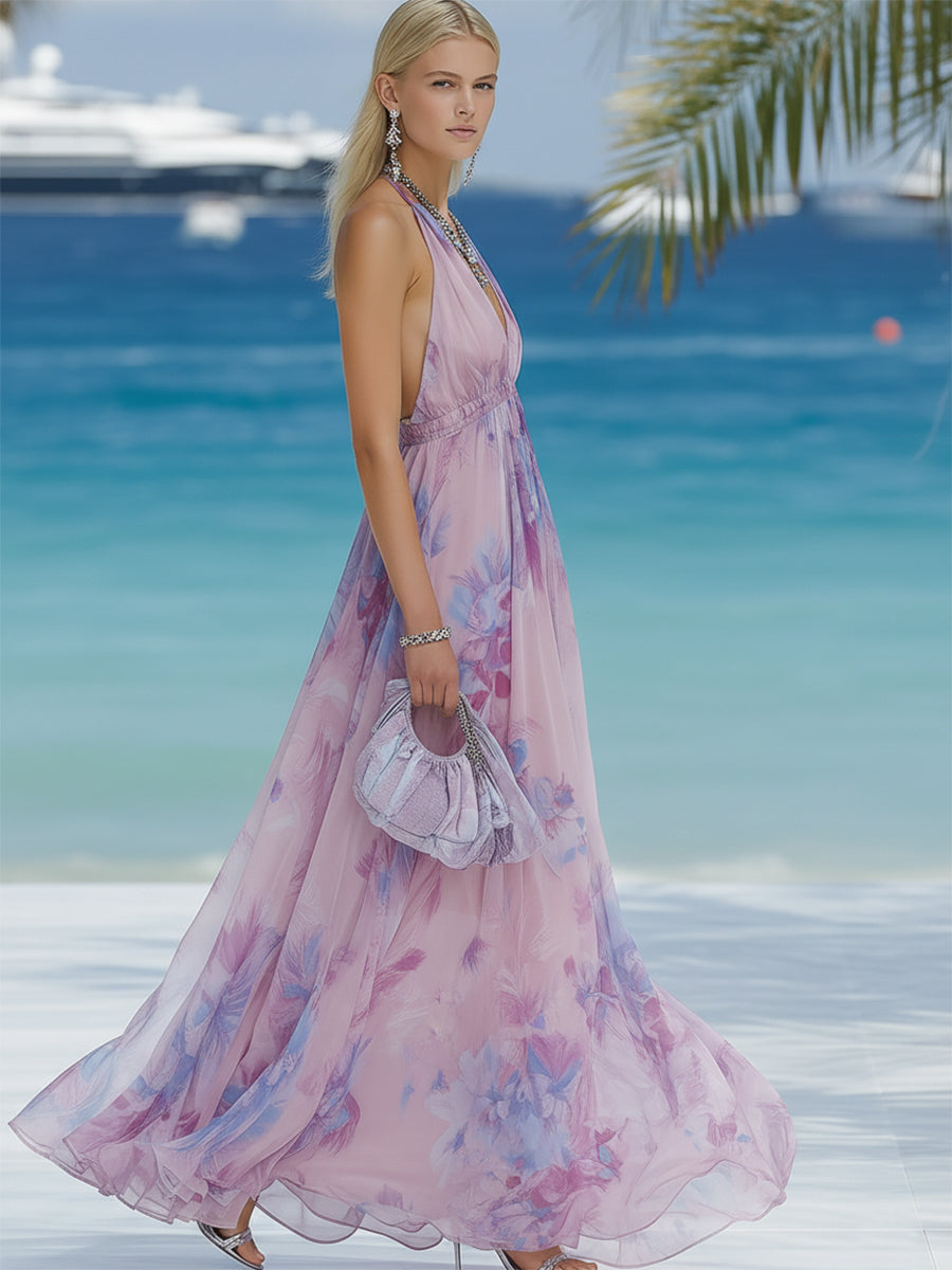 Luxury Resort Purple Floral Pink Chiffon V-neck Maxi Dress