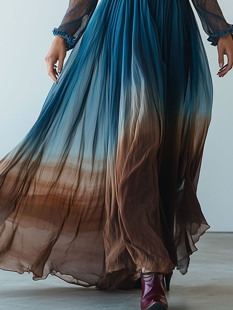Retro Elegant Blue Brown Gradient Mesh Long Sleeve Maxi Dress
