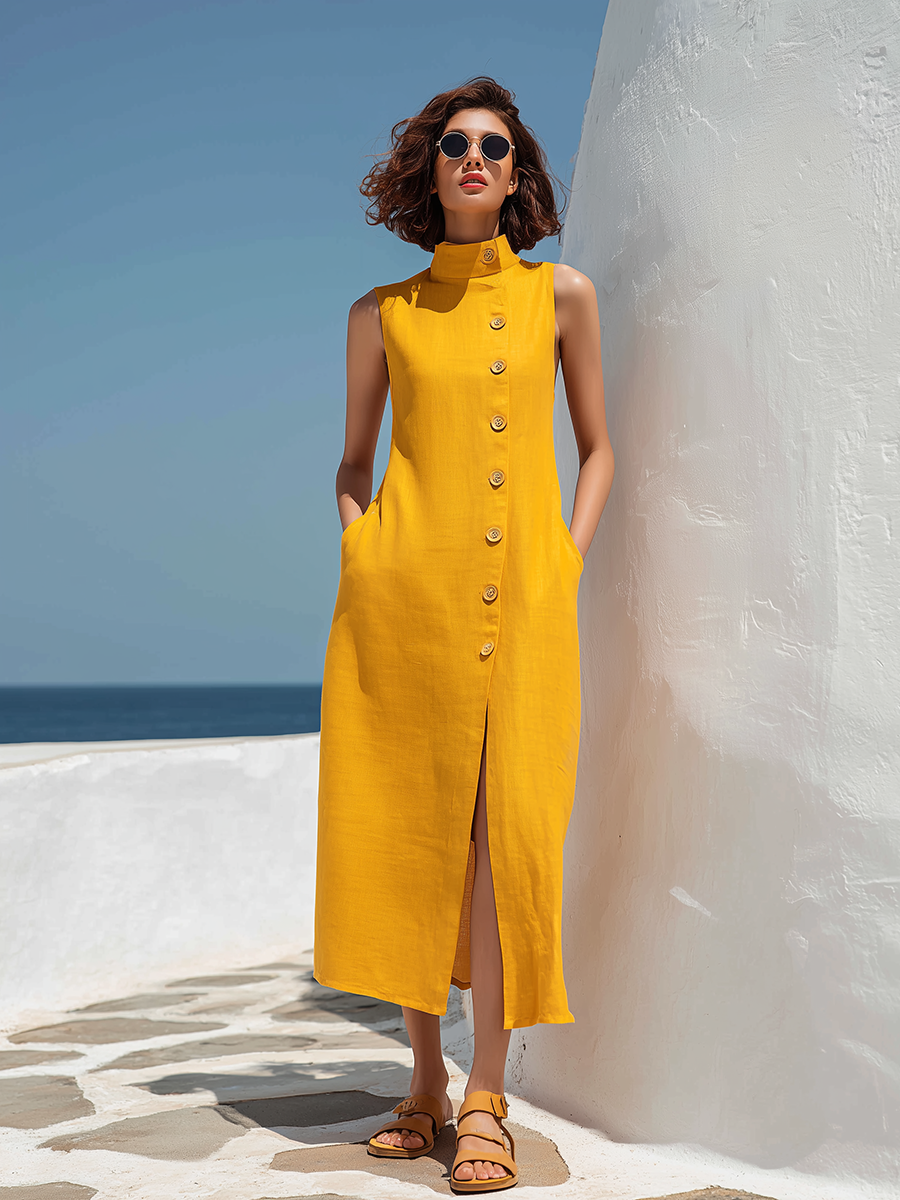 Yellow Button-down Turtleneck Sleeveless Maxi Dress