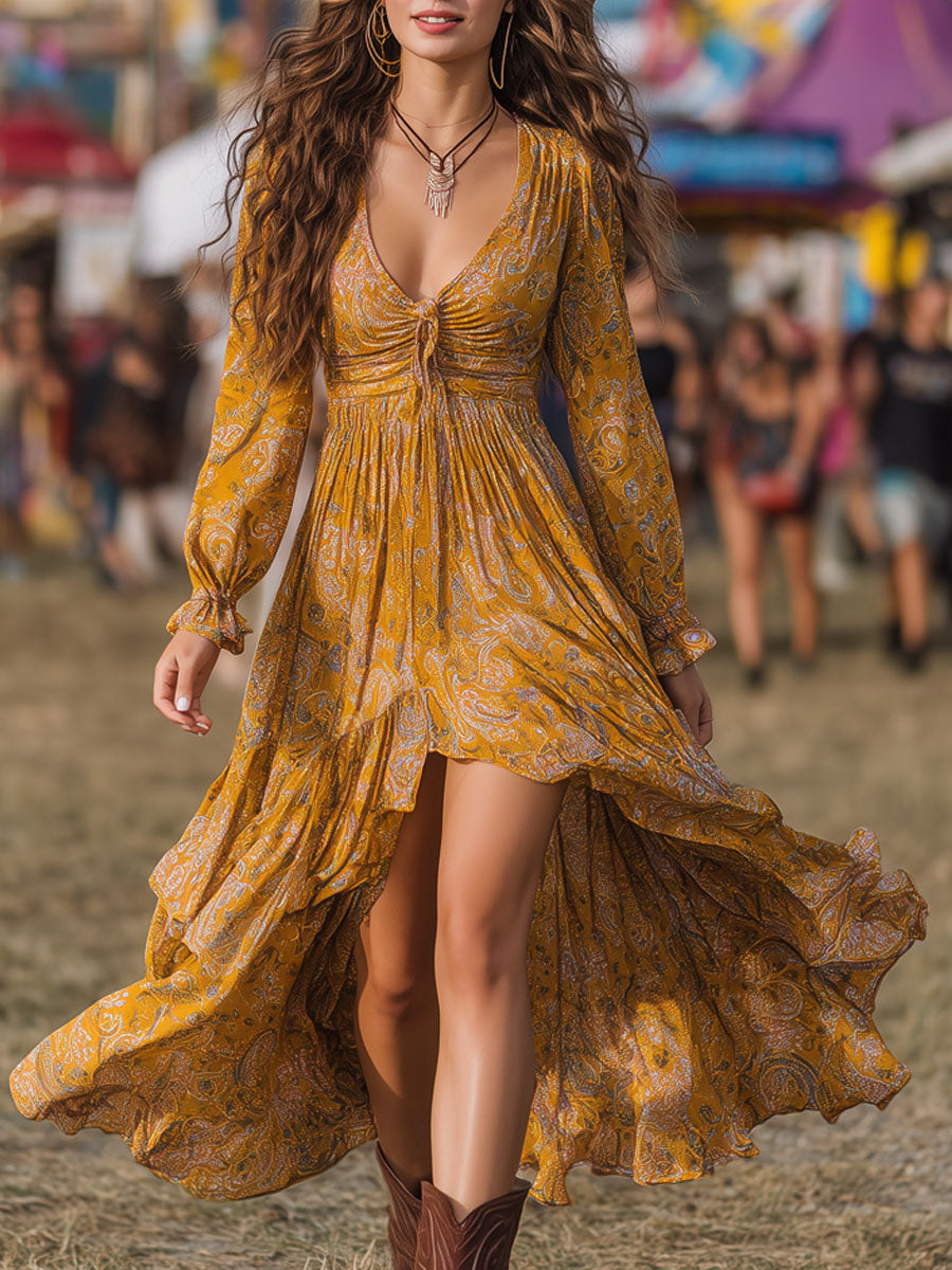 Vintage Bohemian Yellow Chiffon Paisley Print Long Sleeve Maxi Dress