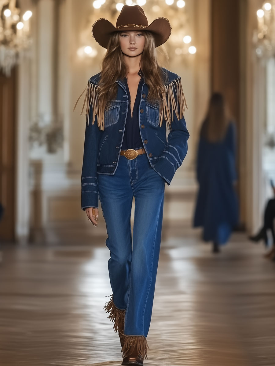 Casual Vintage Dark Blue Denim Suede Fringe Jacket