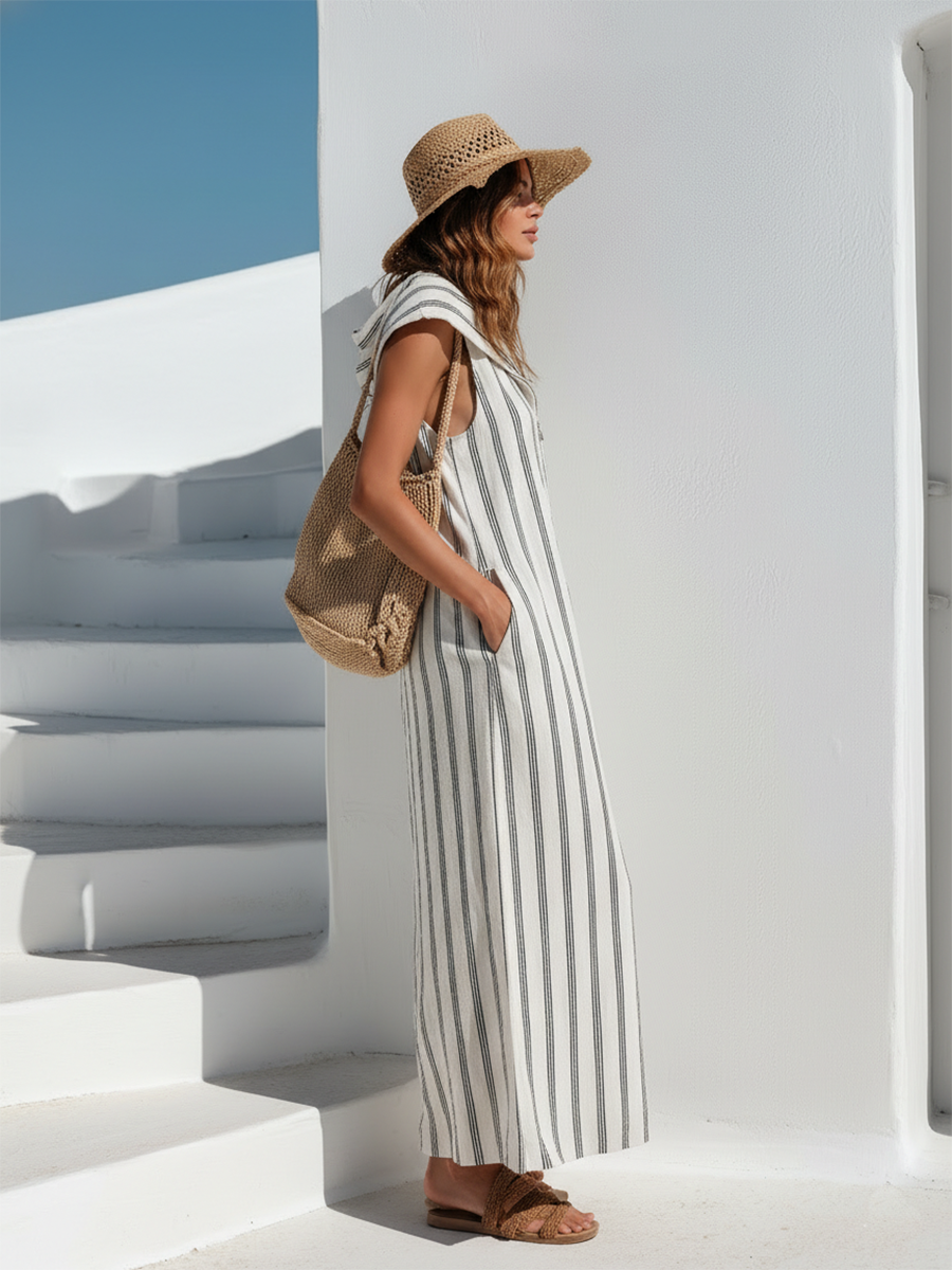 Resort-style Black And White Striped Sleeveless Hooded Maxi Dress