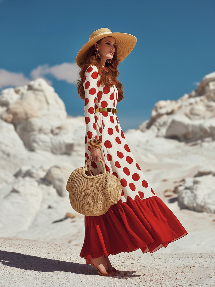 Classic Holiday Red Polka Dot Lapel Chiffon Maxi Dress