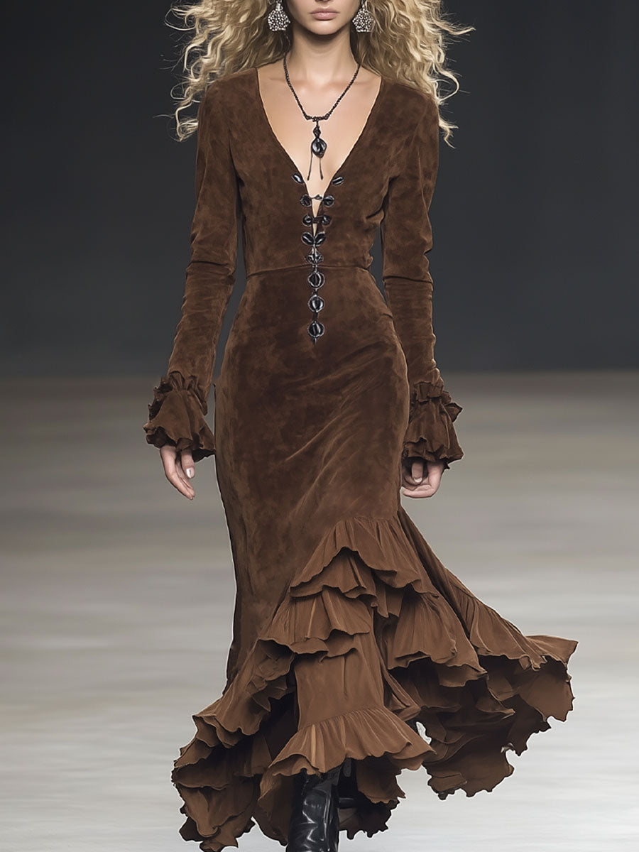 Vintage Cocoa Brown Suede V-Neck Long Sleeve Ruffle Maxi Dress
