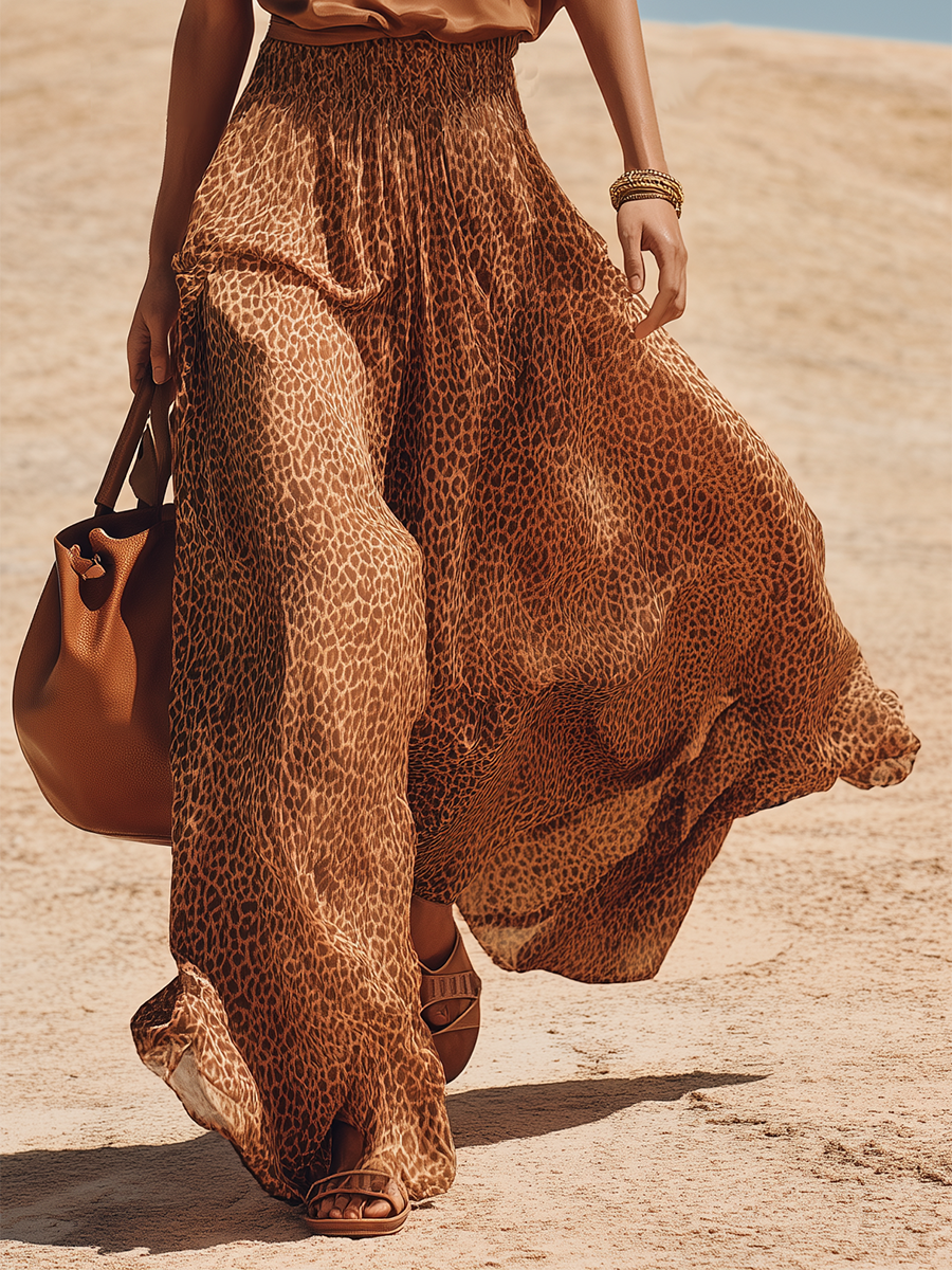 Vacation-style Round-neck Sleeveless Leopard Print Skirt Set