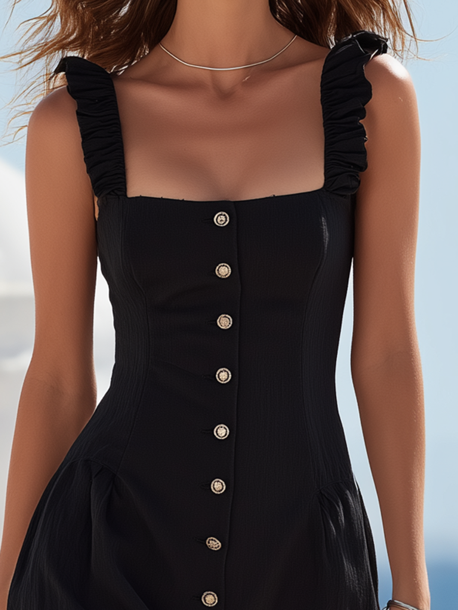 Resort-style Black Off-the-shoulder Button Maxi Dress