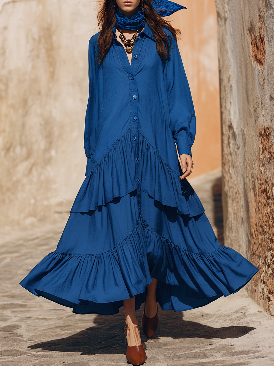 Loose-fitting Bohemian-style Ruffled Hem Royal Blue Cotton Maxi Dress
