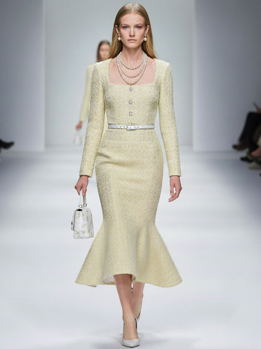 Retro Elegant Yellow Square Neck Tweed Fishtail Midi Dress