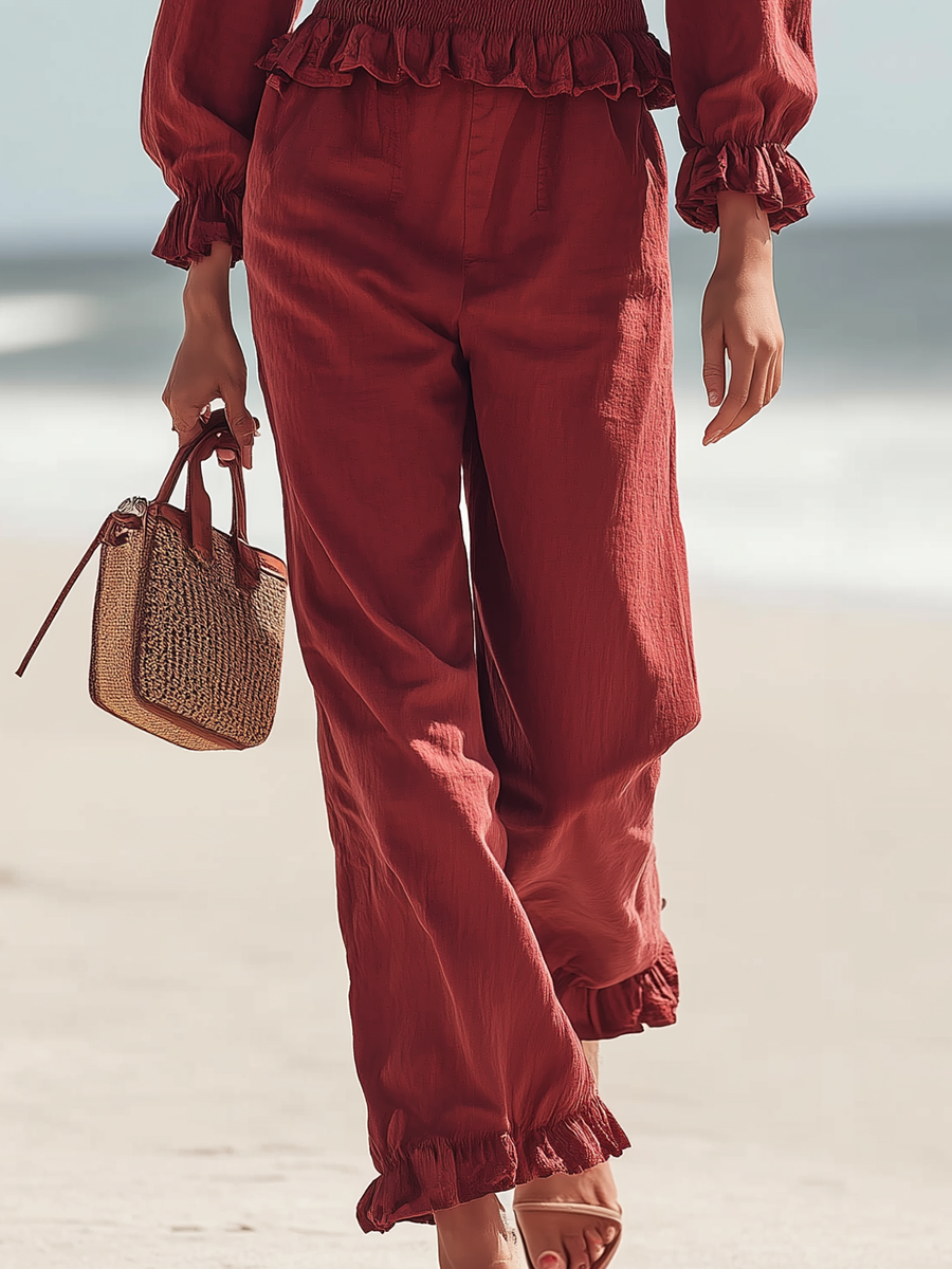 Vacation-style Red Cotton Long-sleeved Shirt And Trousers Set