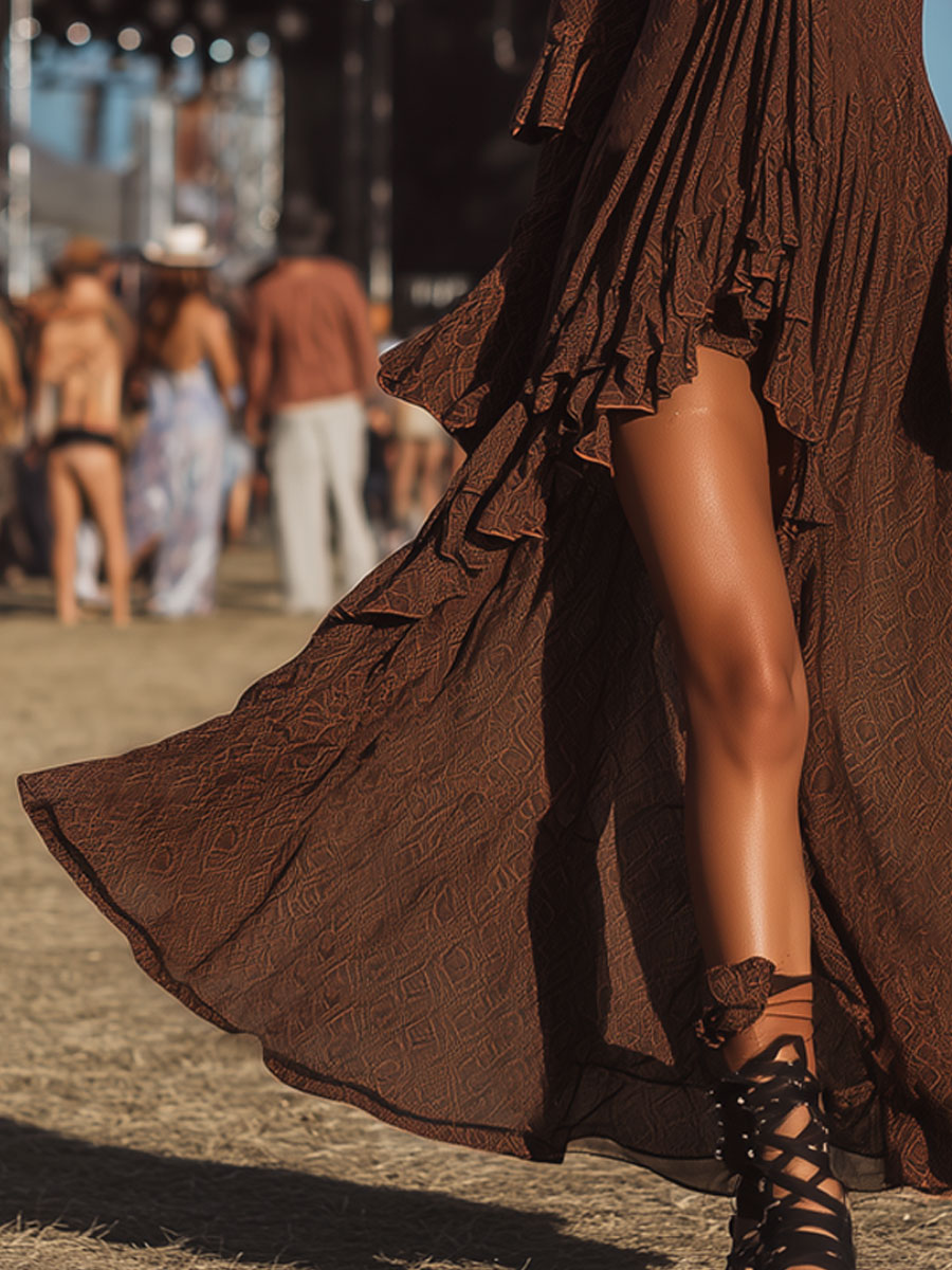Vintage Bohemian Brown Chiffon Print Square Neck Long Sleeve Maxi Dress