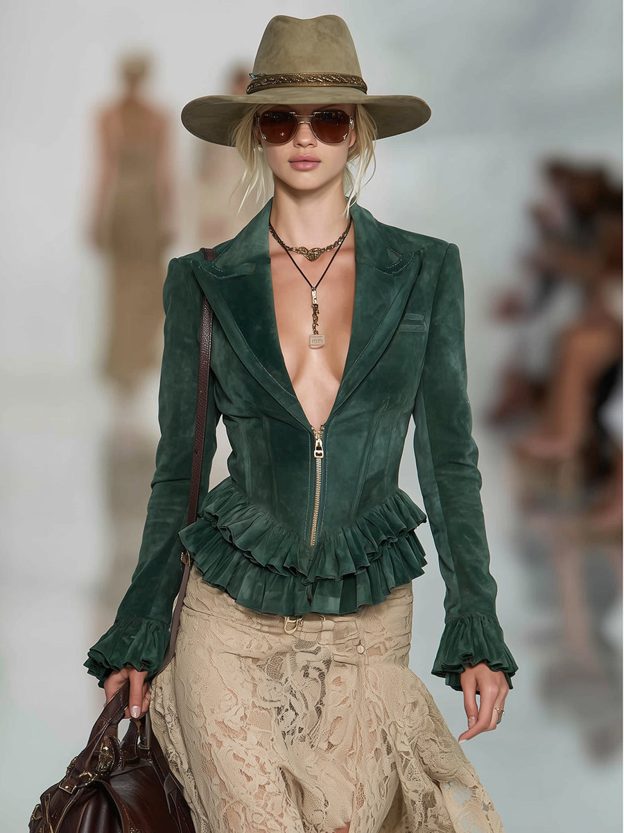 Retro Elegant Ruffled Dark Green Faux Suede Zip-up Blazer