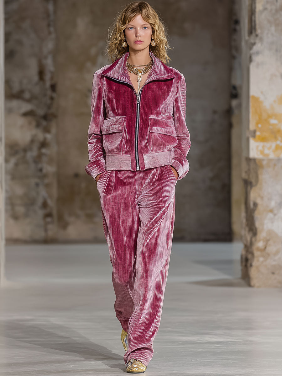 Casual Fashion Retro Pink Corduroy Jacket Pants Set