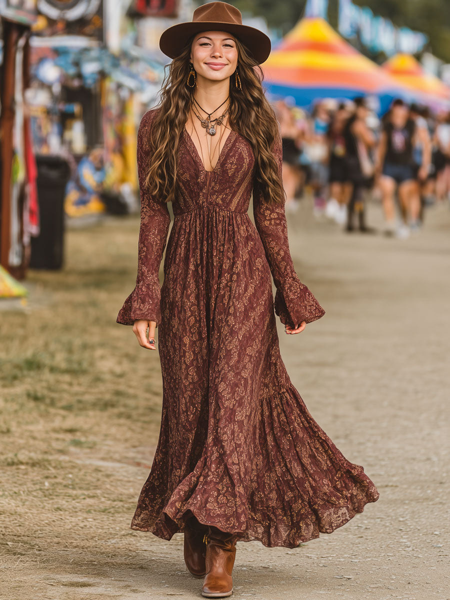 Retro Bohemian Brown Red Chiffon Print Long Sleeve Maxi Dress