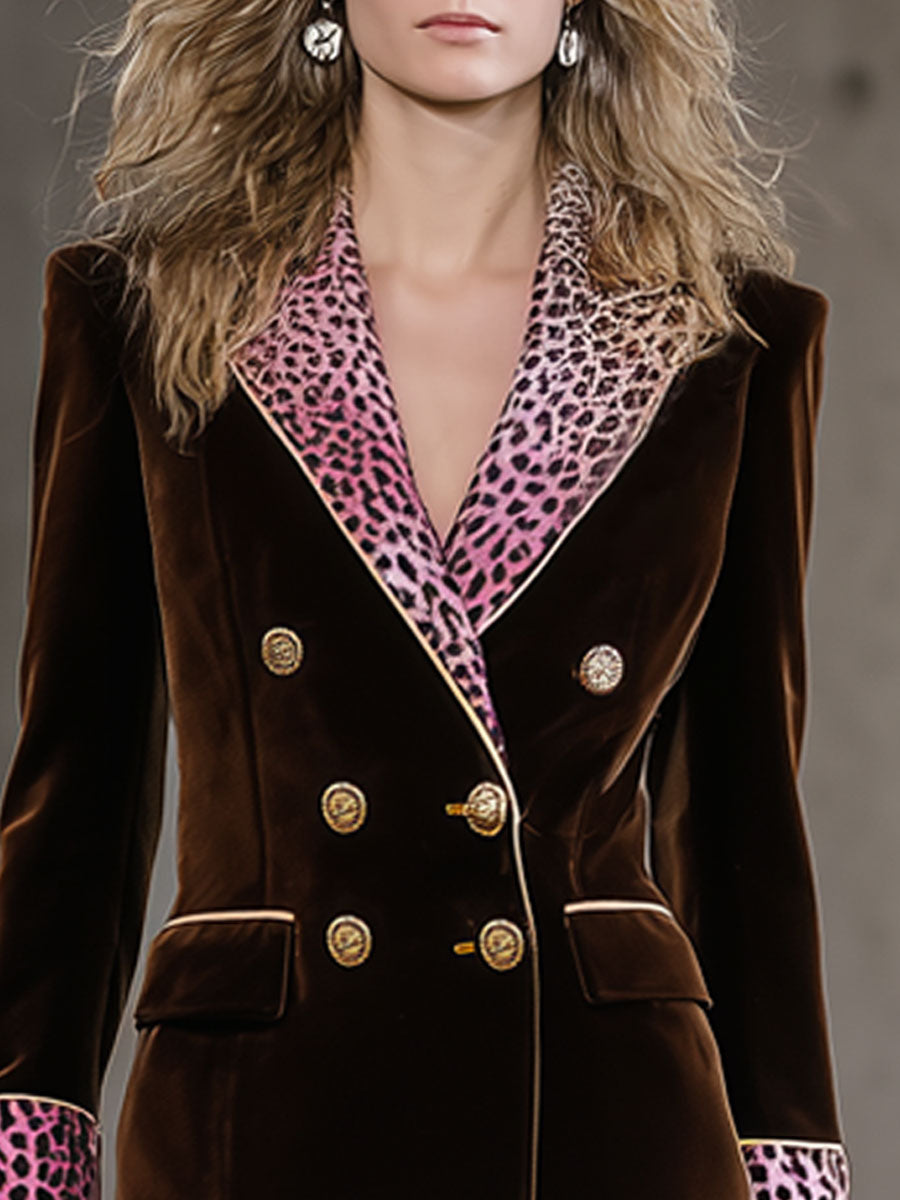 Casual Fashion Retro Leopard Print Cocoa Brown Velvet Blazer
