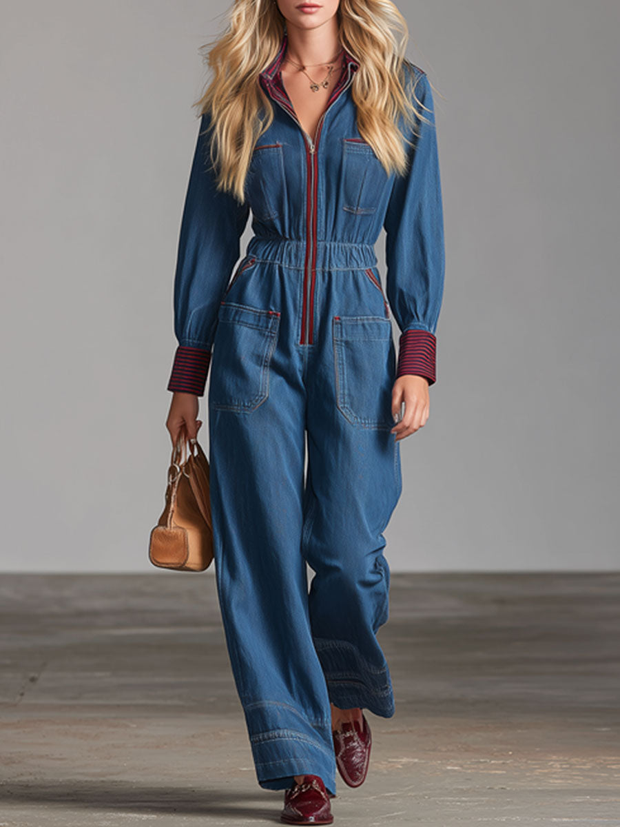 Retro Long-Sleeved Striped Blue Denim Zipper Wide-Leg Jumpsuit