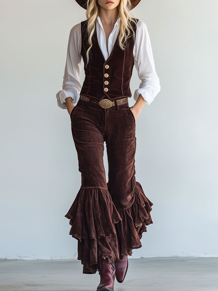 Vintage Chocolate Velvet Vest Lace-Up Ruffle Pants Set