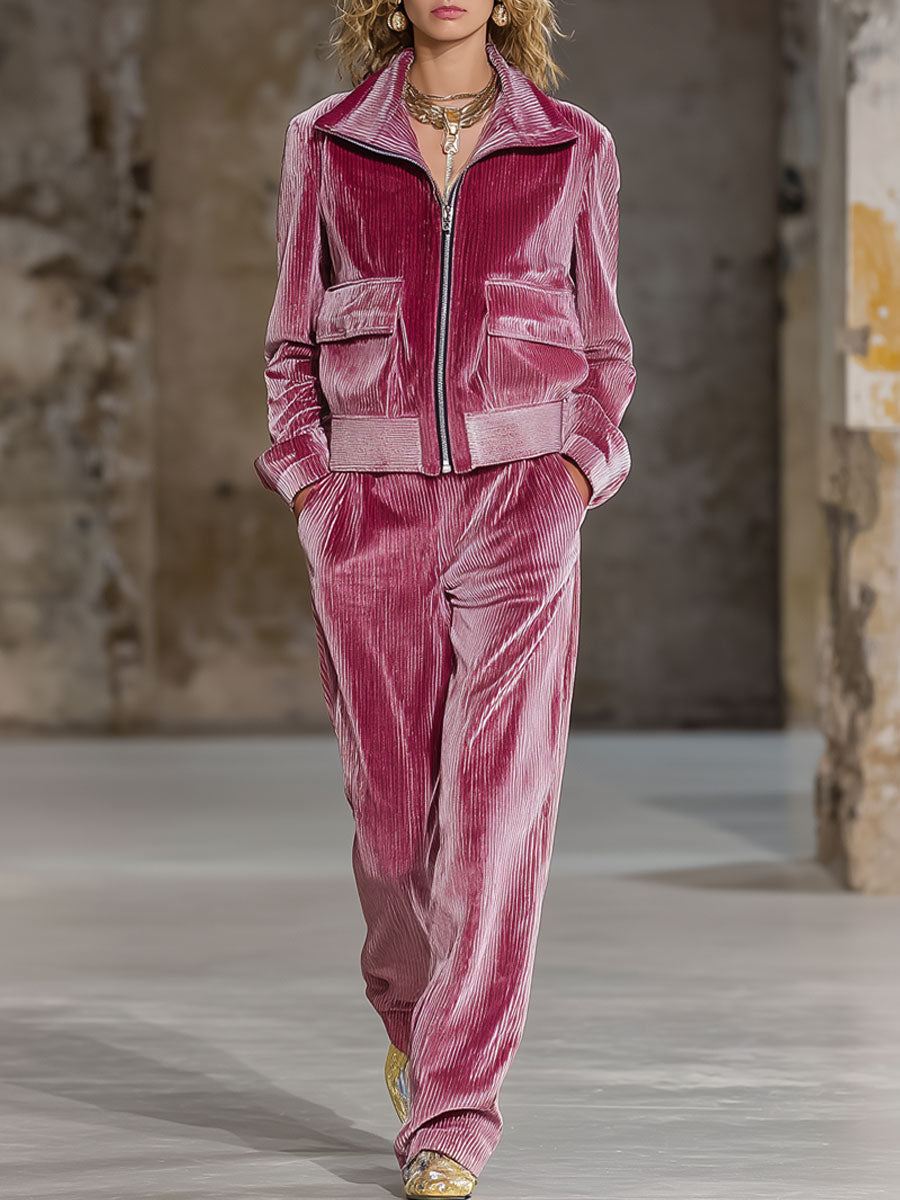 Casual Fashion Retro Pink Corduroy Jacket Pants Set