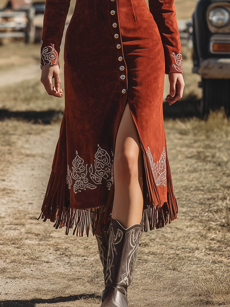 Western Vintage White Ethnic Embroidery Brick Red Suede Tassel Midi Dress