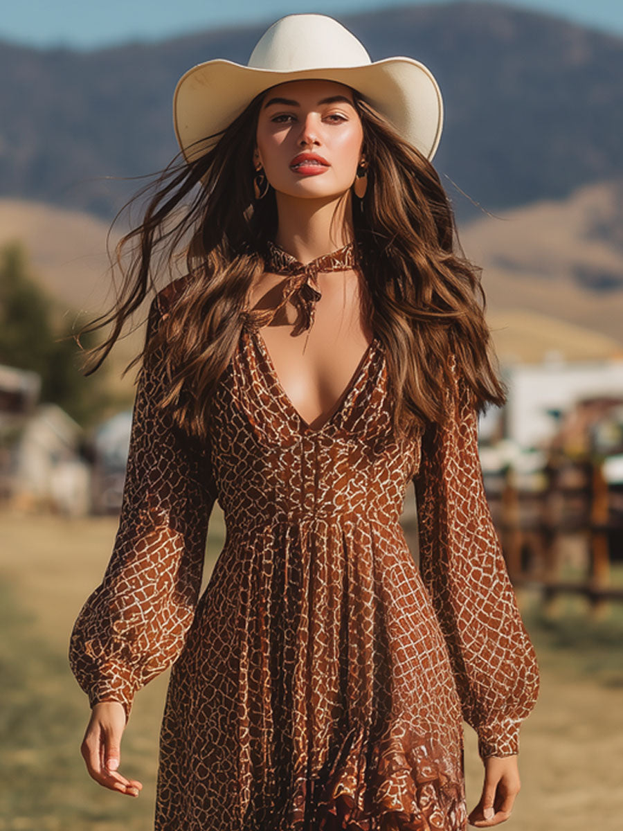 Bohemian Brown Chiffon Geometric Lee Print Long Sleeve Ruffle Maxi Dress