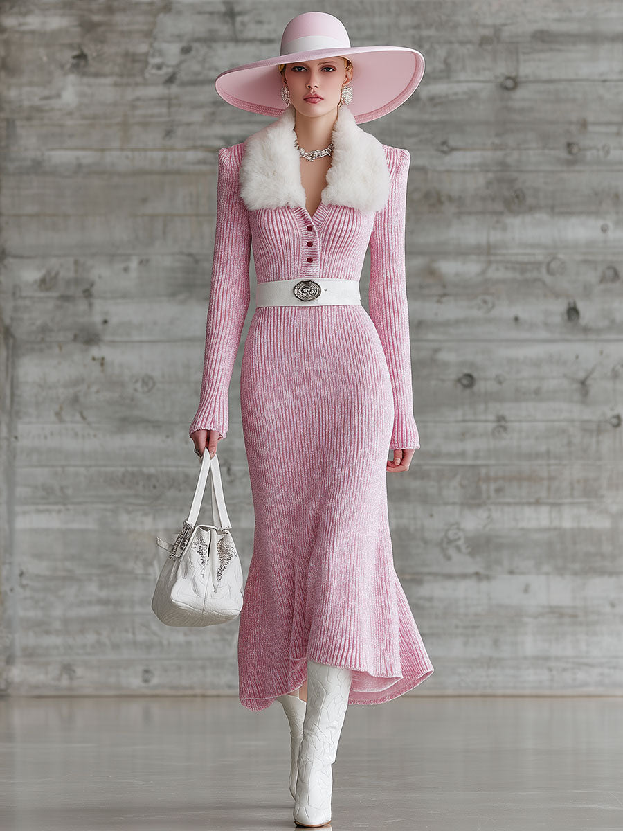 Fashionable And Elegant Retro Pink Knitted Fur Collar Midi Dress