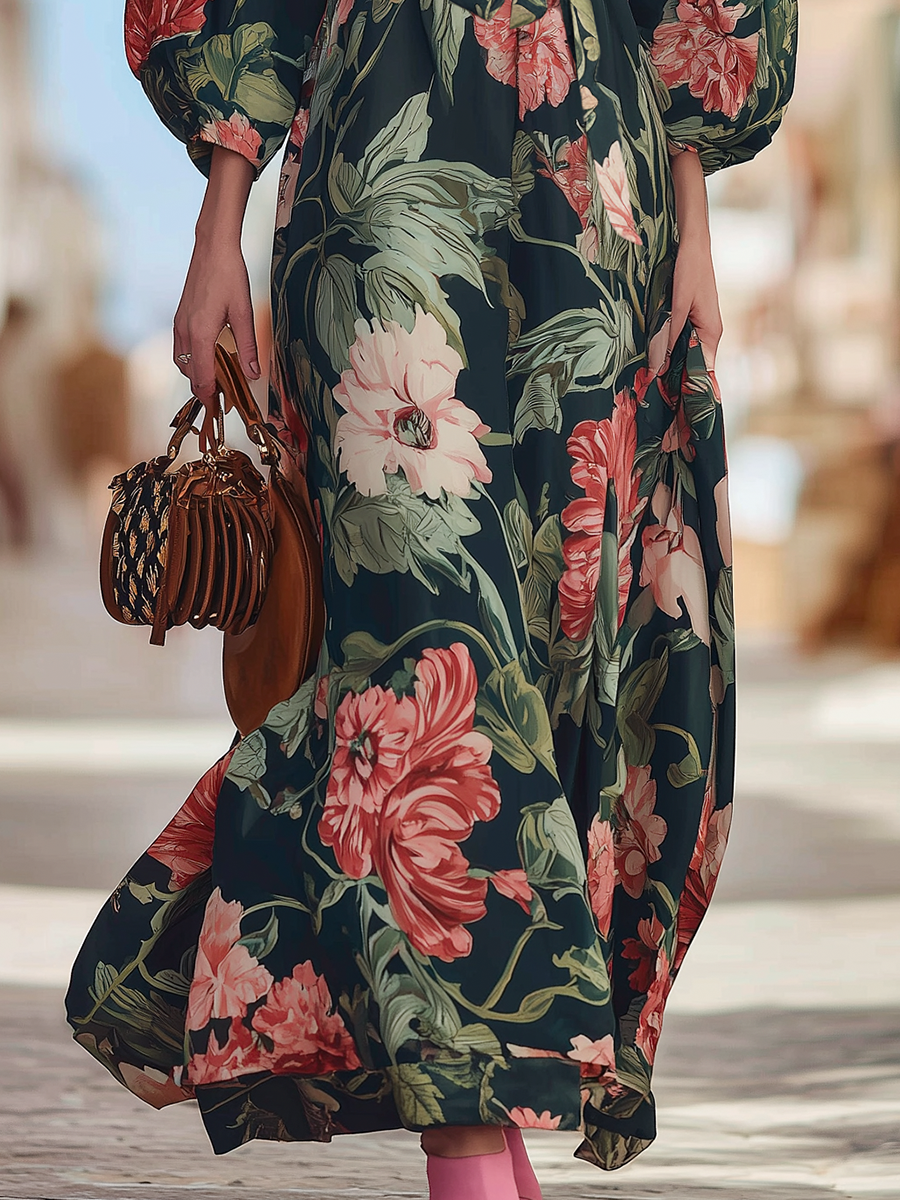 Romantic Vacation-style Floral Print Chiffon Maxi Dress