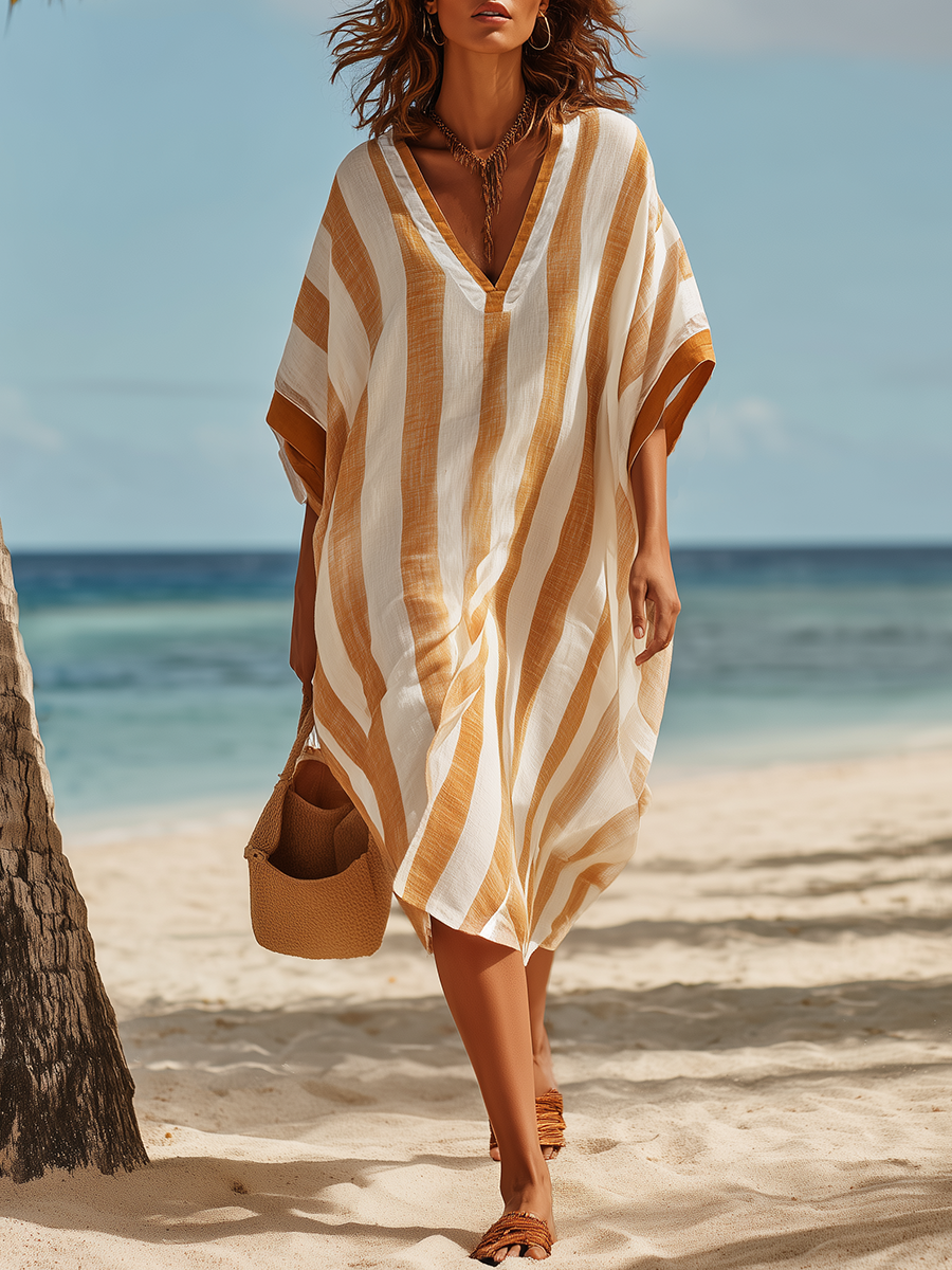Resort-style Short-sleeved Striped V-neck Midi Dress