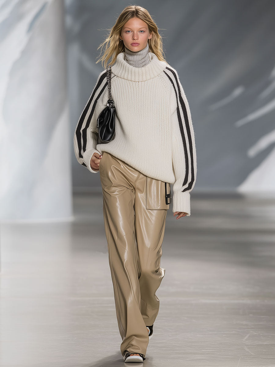 High-End Fashion Loose Turtleneck Black And White Knitted Sweater