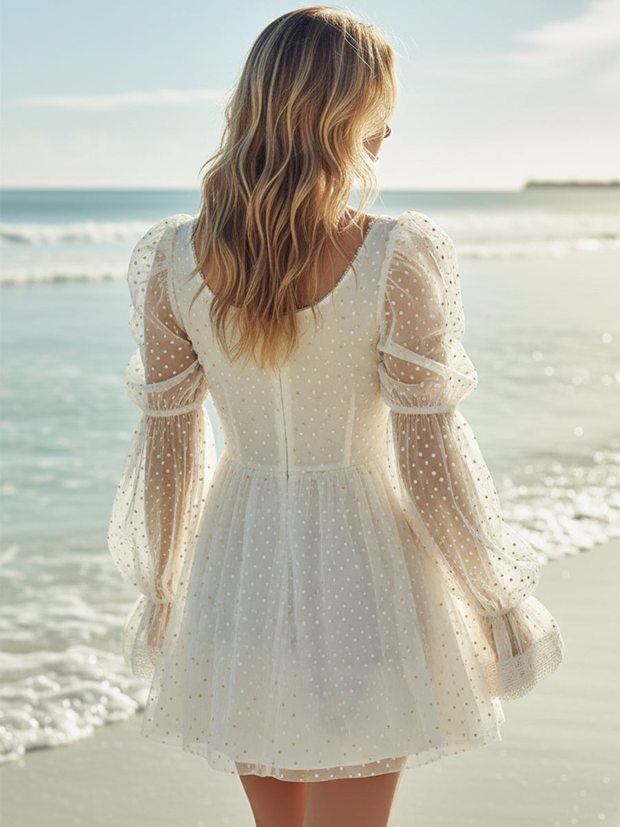 French-style Off-white Polka Dot Chiffon V-neck Puff Sleeve Lace Mini Dress