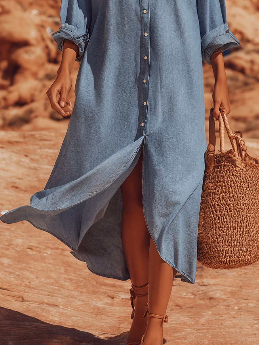 Loose Bohemian Denim Shirt Maxi Dress