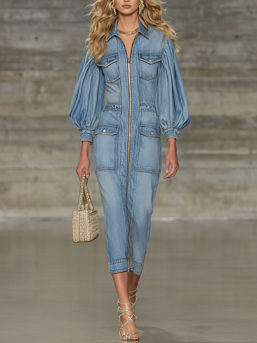 Fashionable Urban Casual Light Blue Washed Denim Lapel Lantern Sleeve Midi Dress