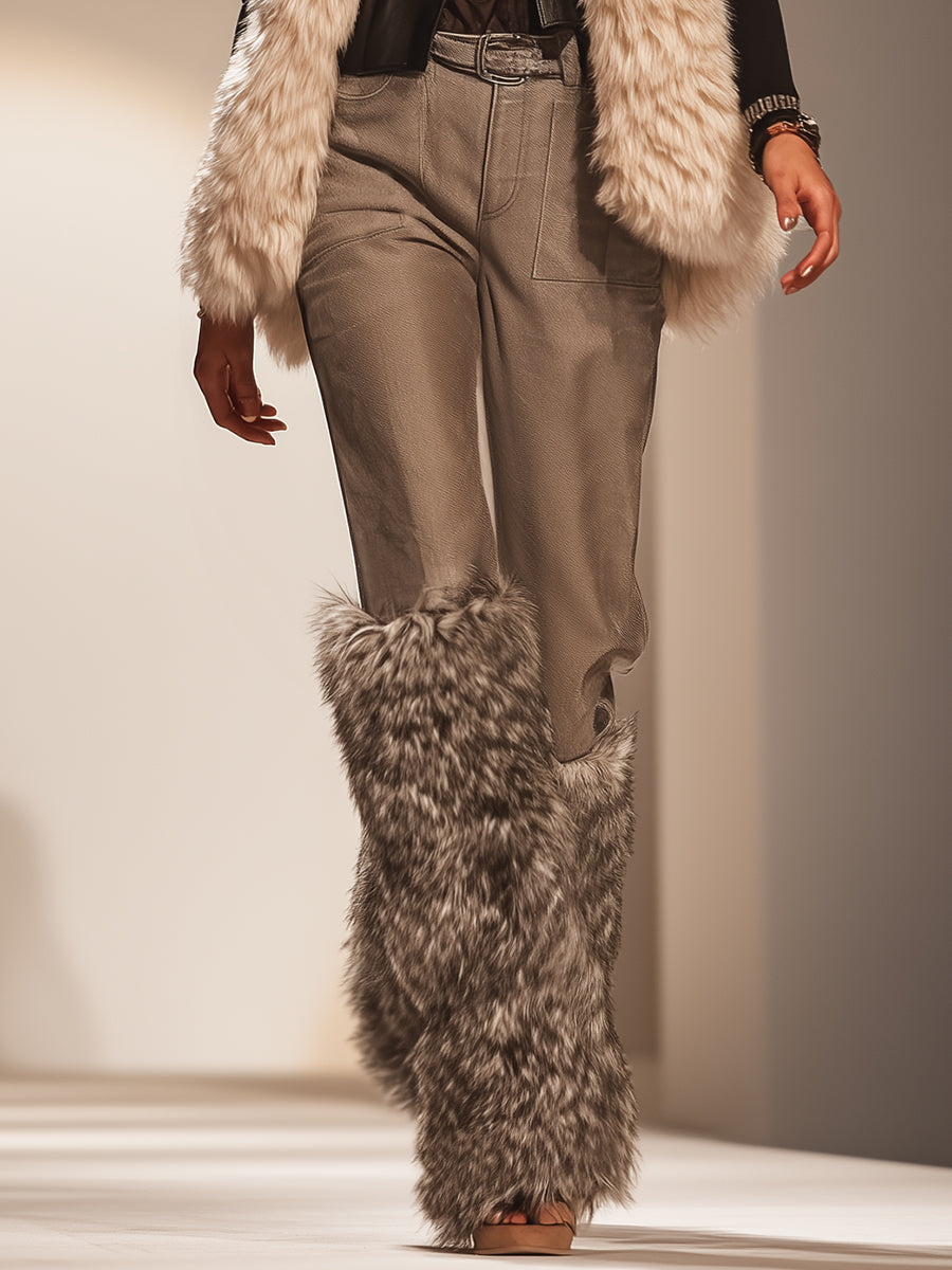 Luxurious And Fashionable Brown Faux Fur Patchwork Cotton Blend Pants