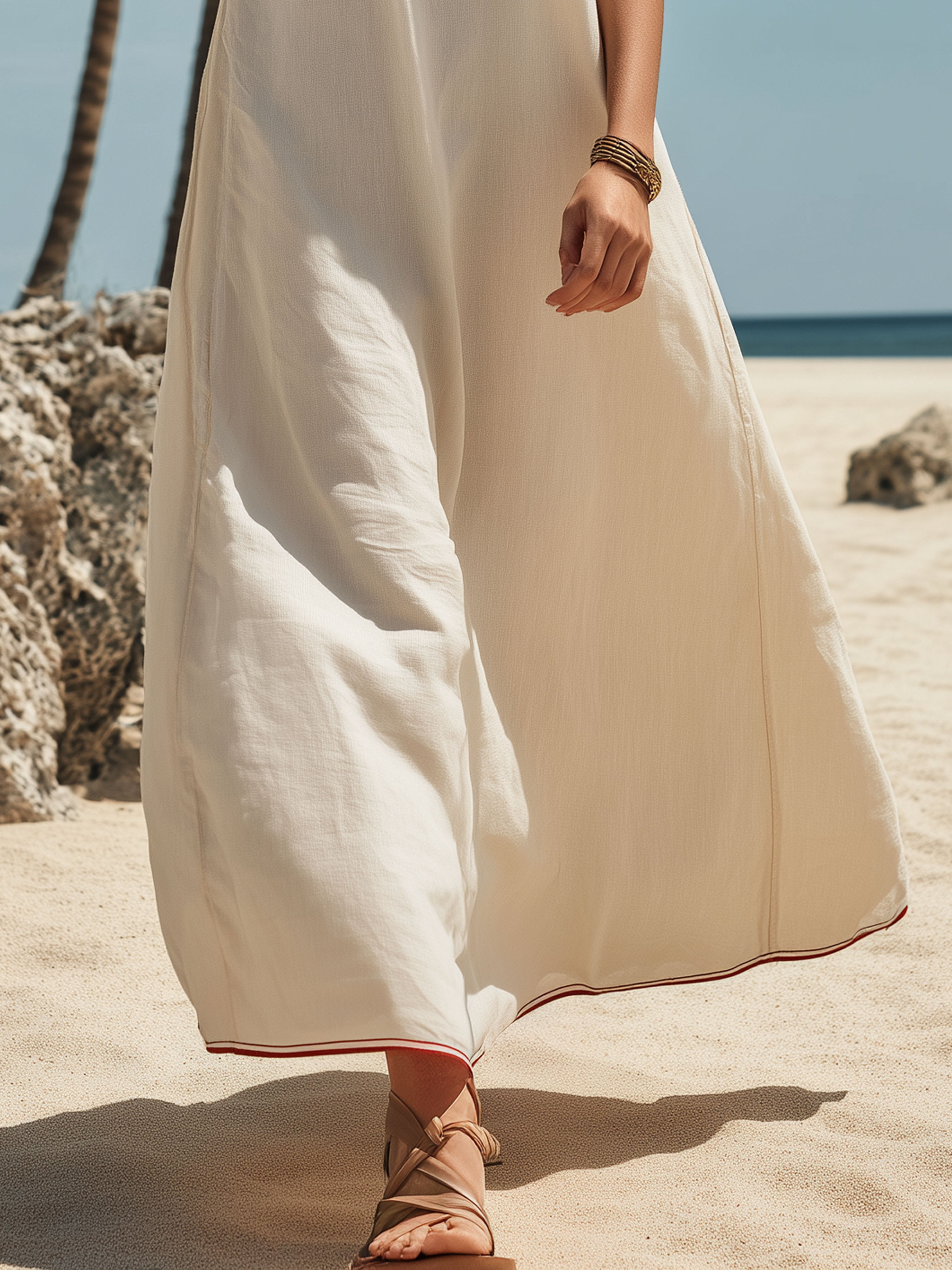 Off-White Cotton Linen With Red Trim Perfect For Vacation Maxi Dress