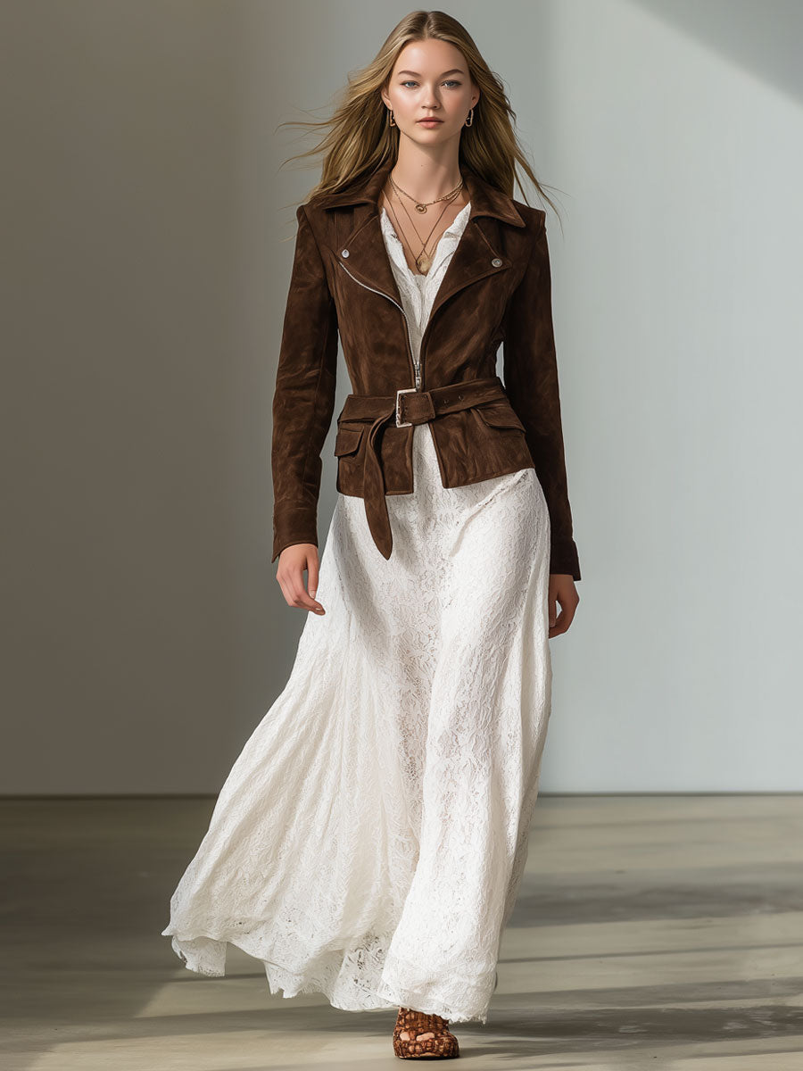 Vintage Brown Suede Lace-Up Zip-Up Jacket