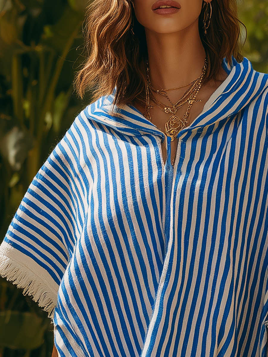 Loose-fitting Hooded Short-sleeved Fringed Blue And White Striped Mini Dress