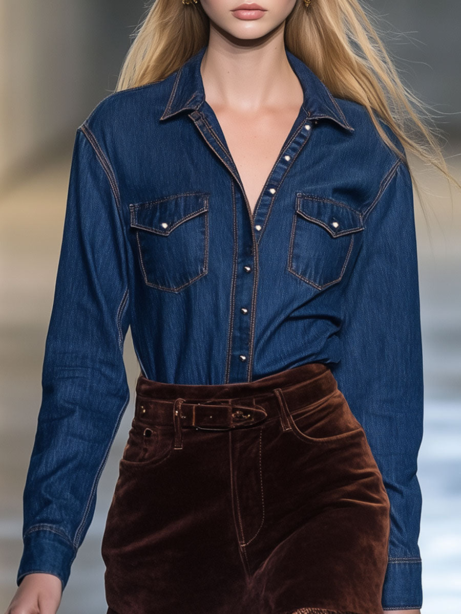Casual Retro Dark Blue Denim Long-Sleeved Shirt