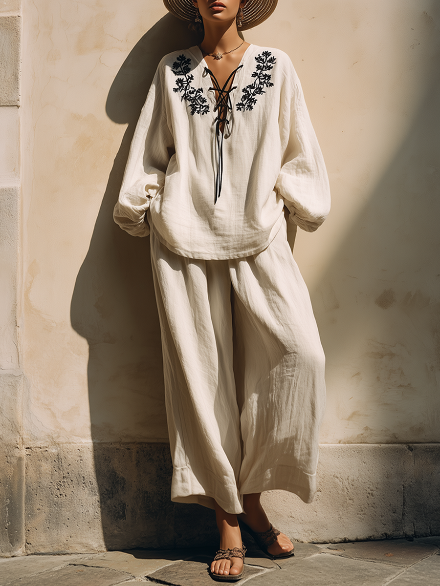 Relaxed Vacation Style: Black Embroidered Top And Wide-leg Pants Cotton-linen Set