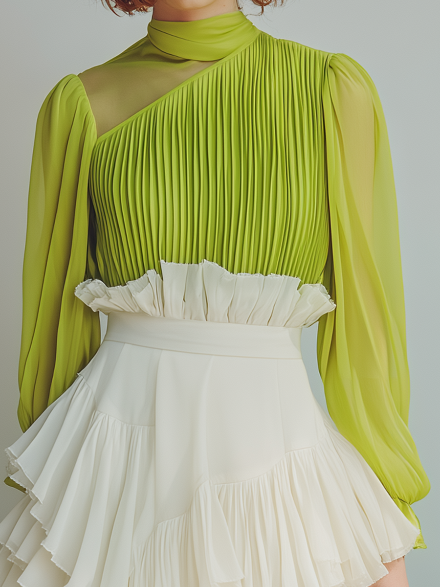 Vacation-style Green Long-sleeved Top And White Skirt Set