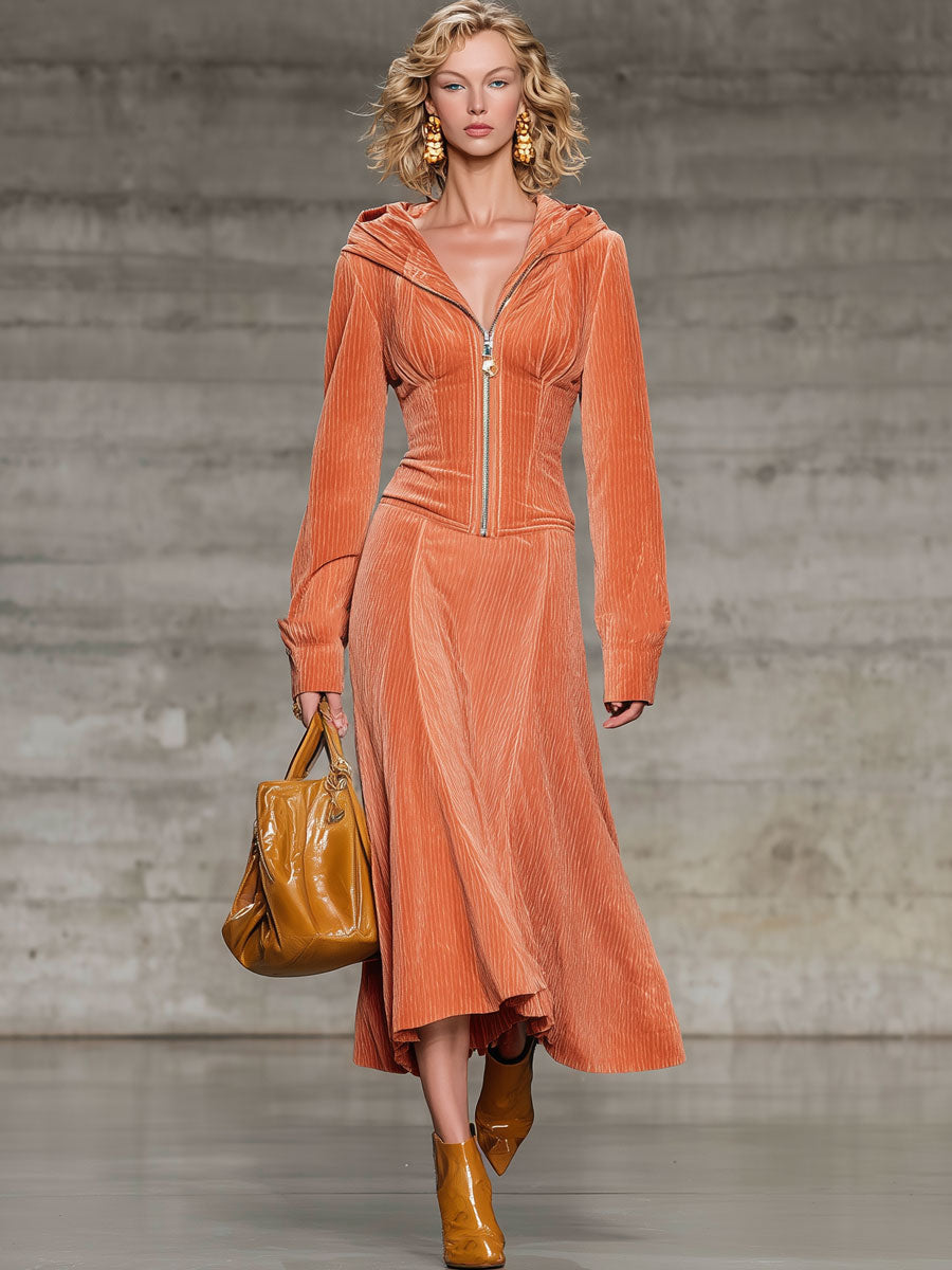 Fashion Casual Light Orange Chenille Long-Sleeved Hooded Cardigan Midi Skirt Suit
