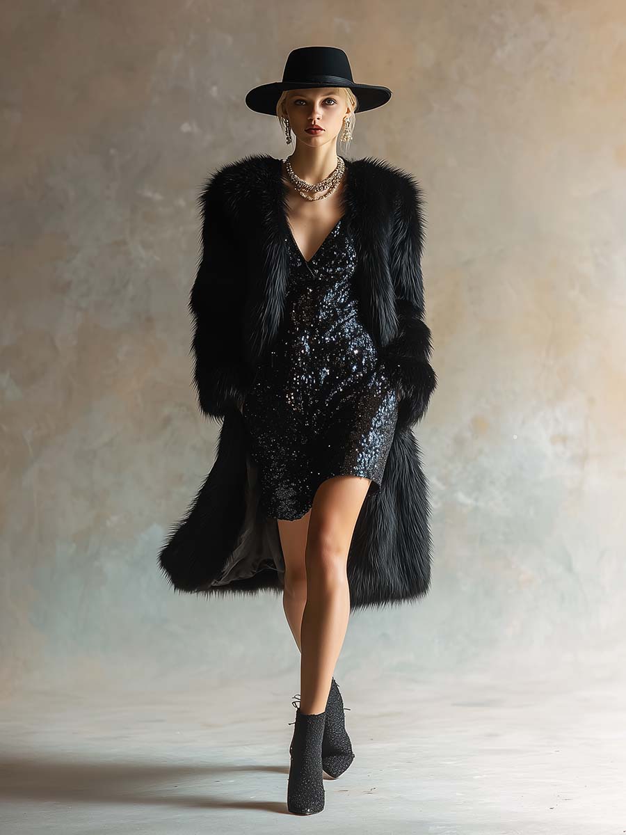Elegant Luxury Party Black Faux Fur Loose Coat