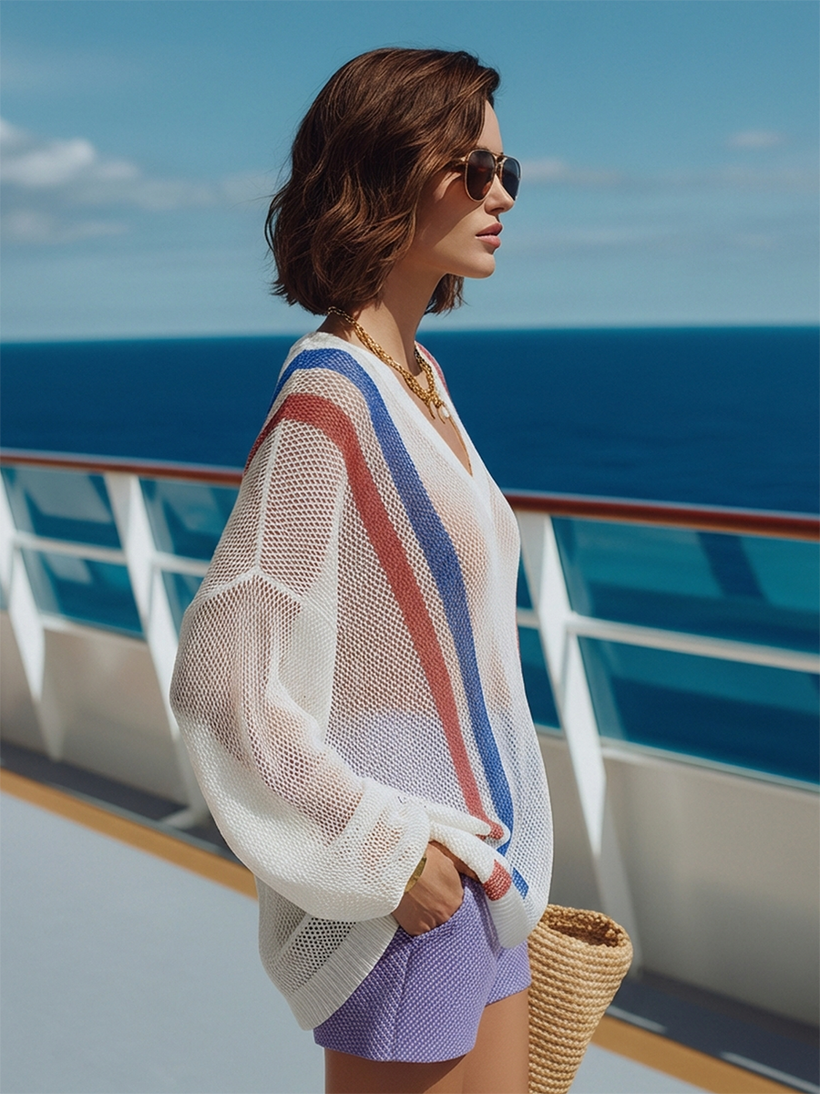 Trendy Beach Vacation Color-blocked Striped Lightweight Knit Top