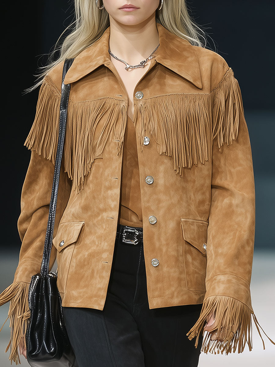 Casual Vintage Khaki Faux Suede Fringe Jacket