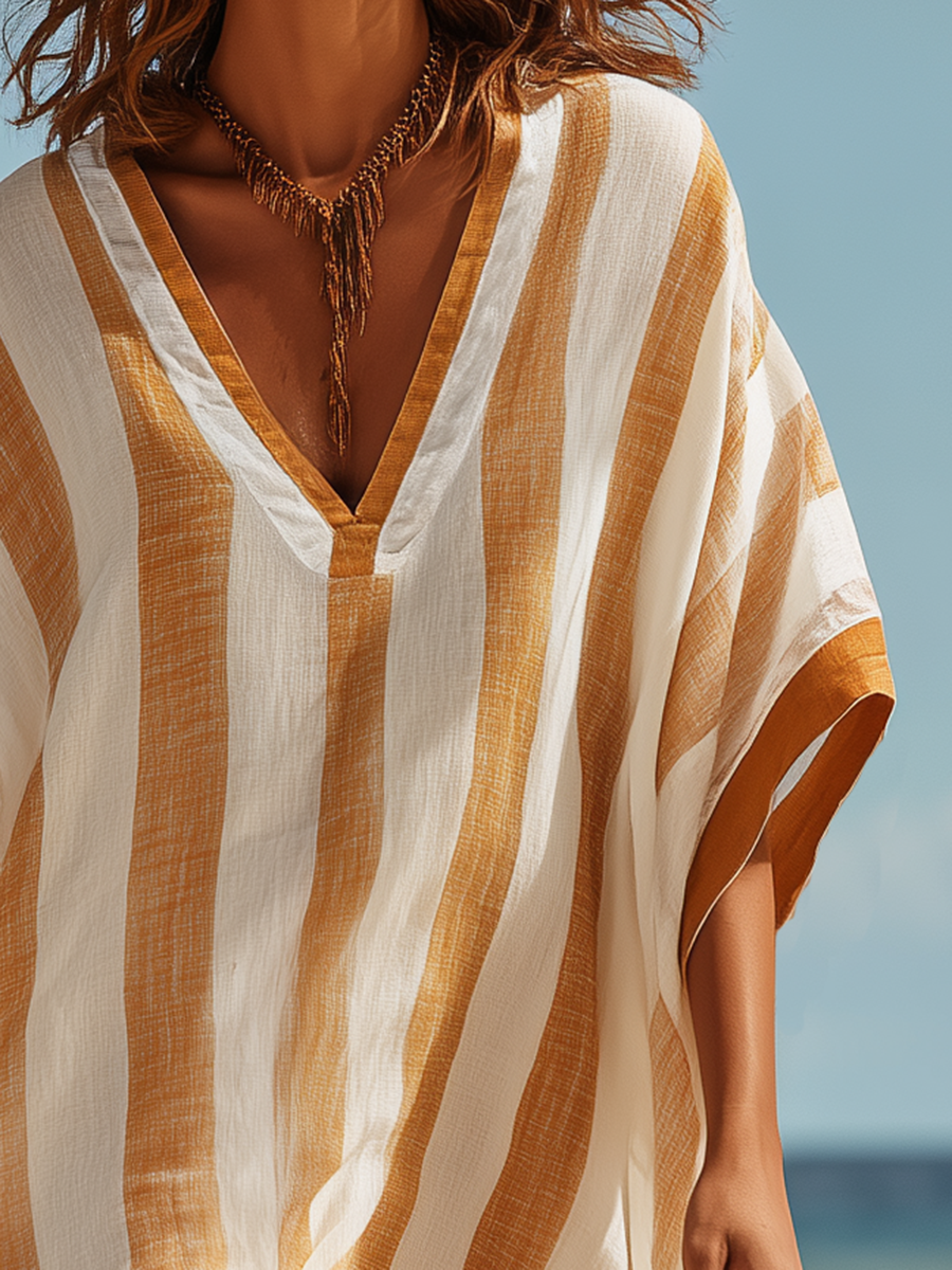 Resort-style Short-sleeved Striped V-neck Midi Dress