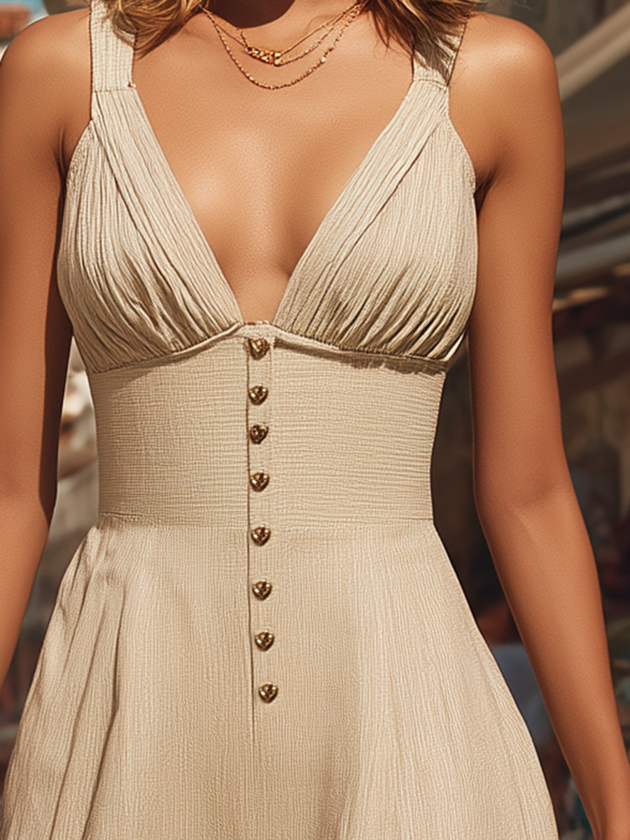 Beige Bohemian Style Strappy Midi Dress