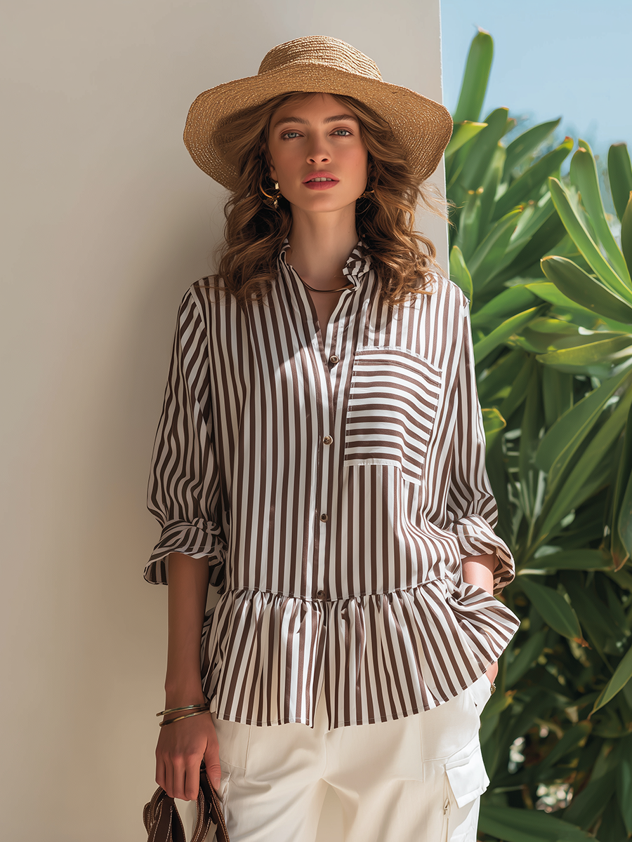 Resort-style White And Brown Striped Long-sleeved Shirt