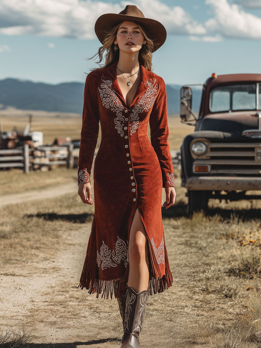 Western Vintage White Ethnic Embroidery Brick Red Suede Tassel Midi Dress
