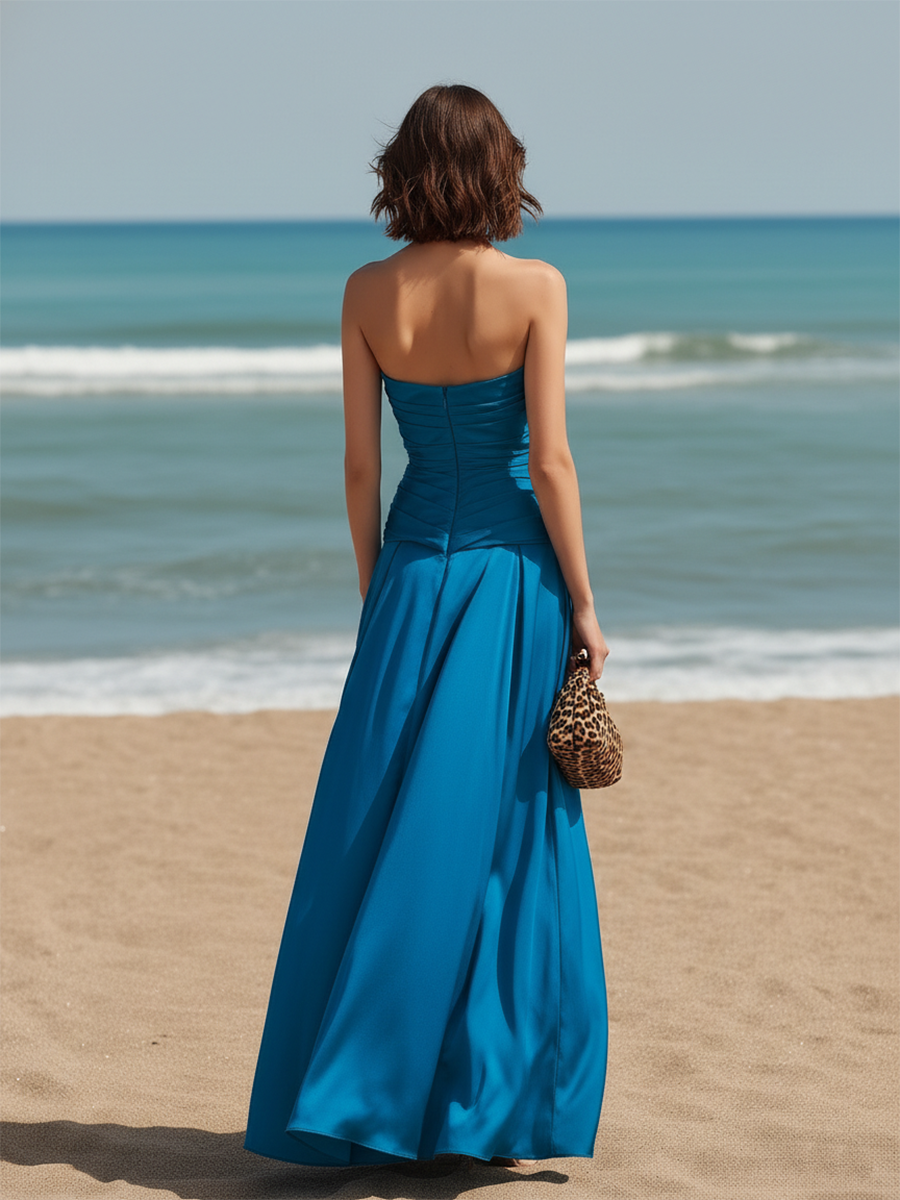Vacation-style Sapphire Blue Satin Off-the-shoulder Maxi Dress