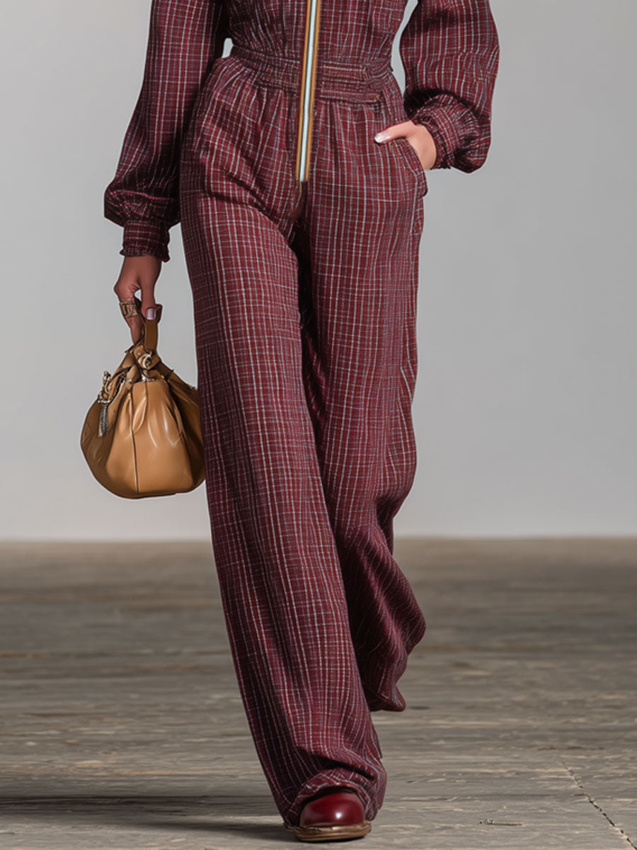 Retro Long-Sleeved Purple Plaid Elastic Waist Wide-Leg Jumpsuit