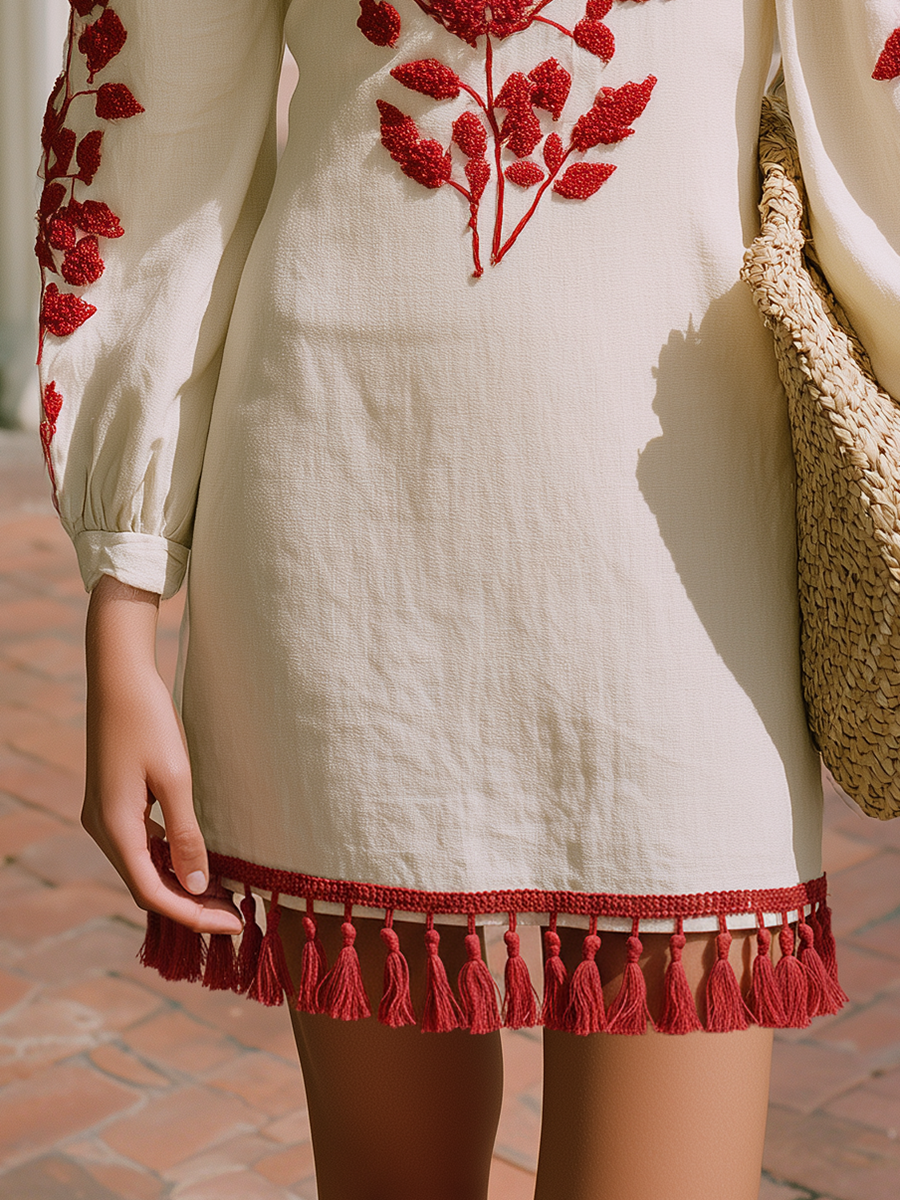 Bohemian Red 3D Embroidered Fringed Hem Off-white Cotton And Linen Mini Dress